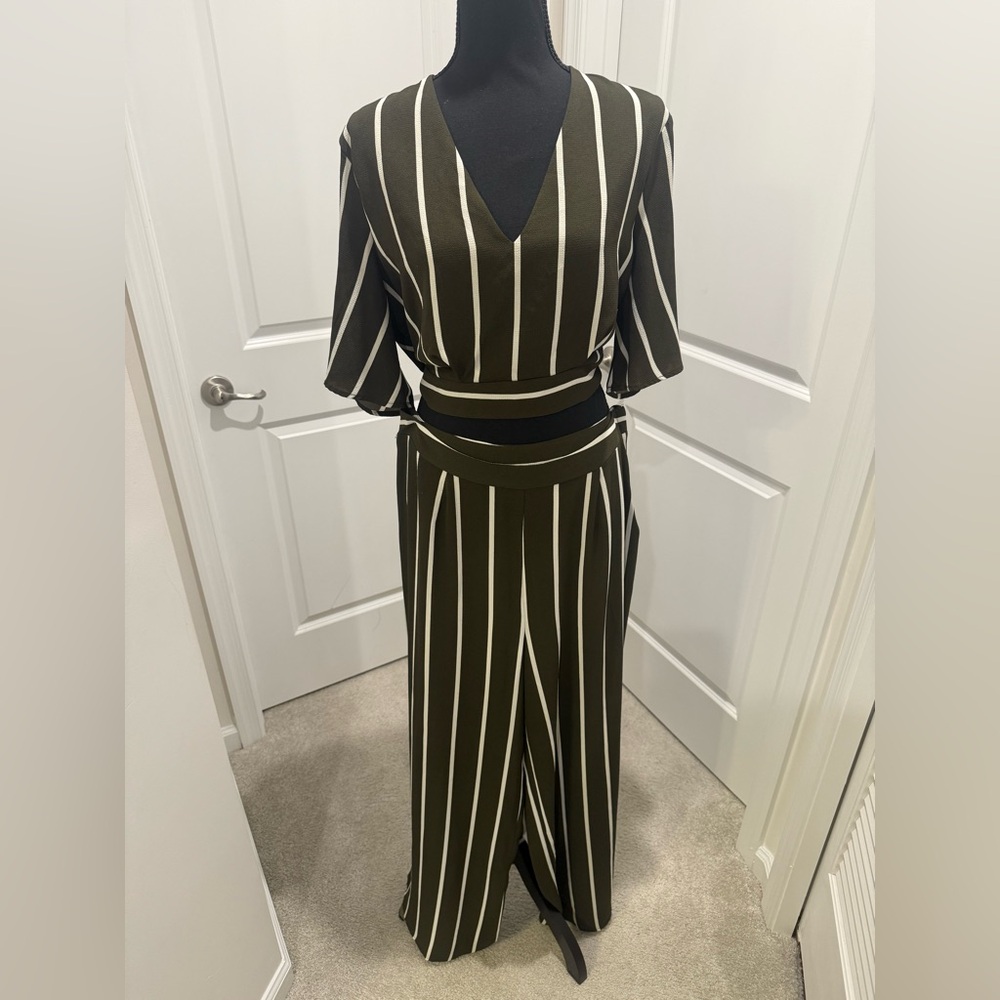 Striped V-Neck Top and Wide-Leg Pants Set